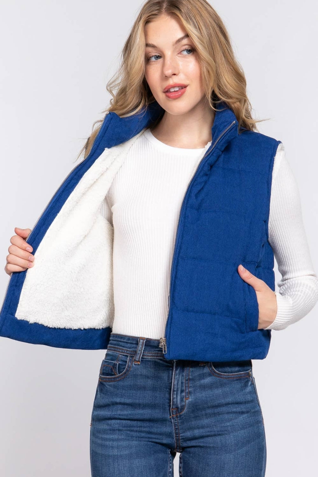 FAUX FUR LINING CORDUROY PUFFER VEST