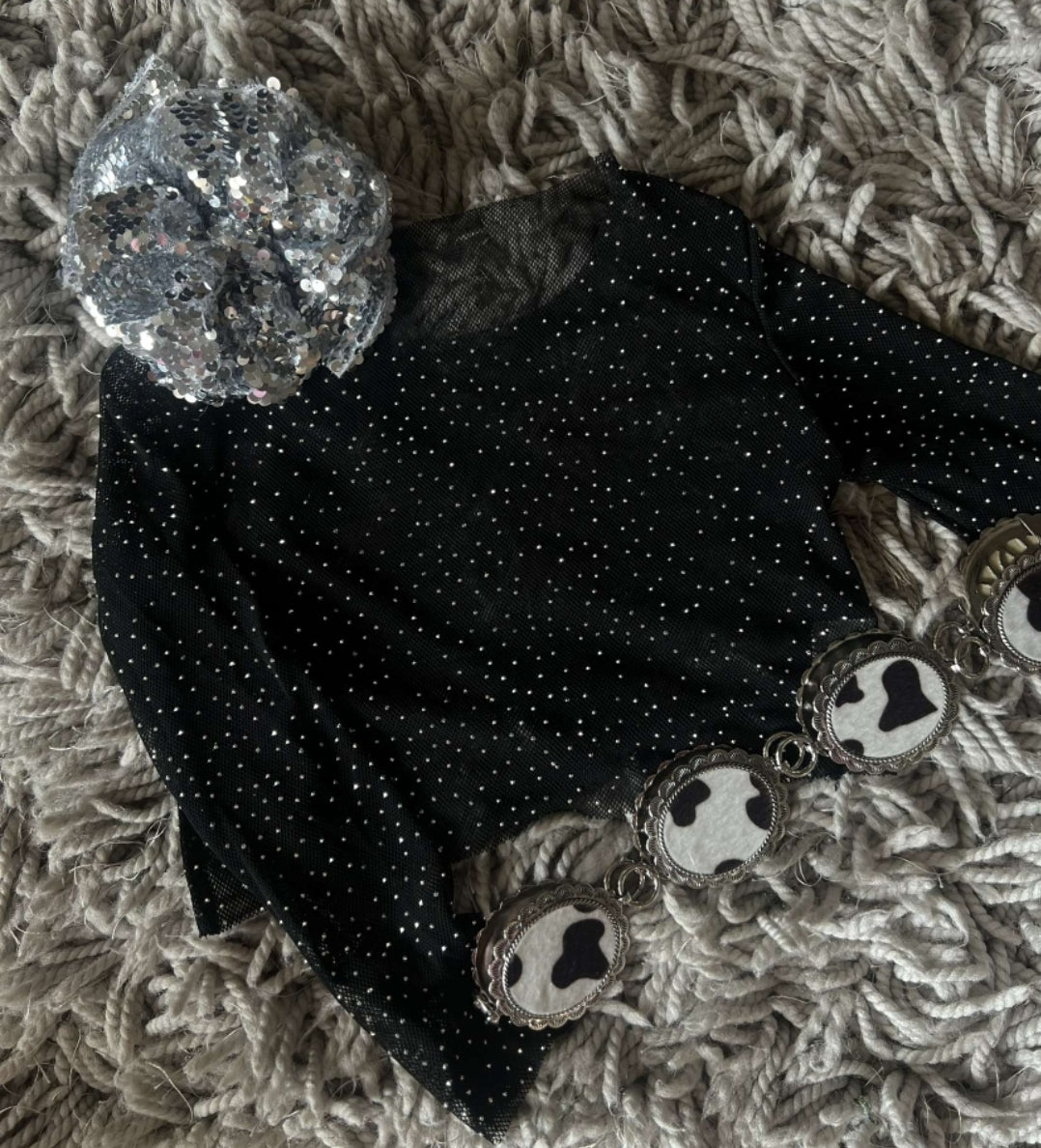 BLACK MESH TOP W RHINESTONES