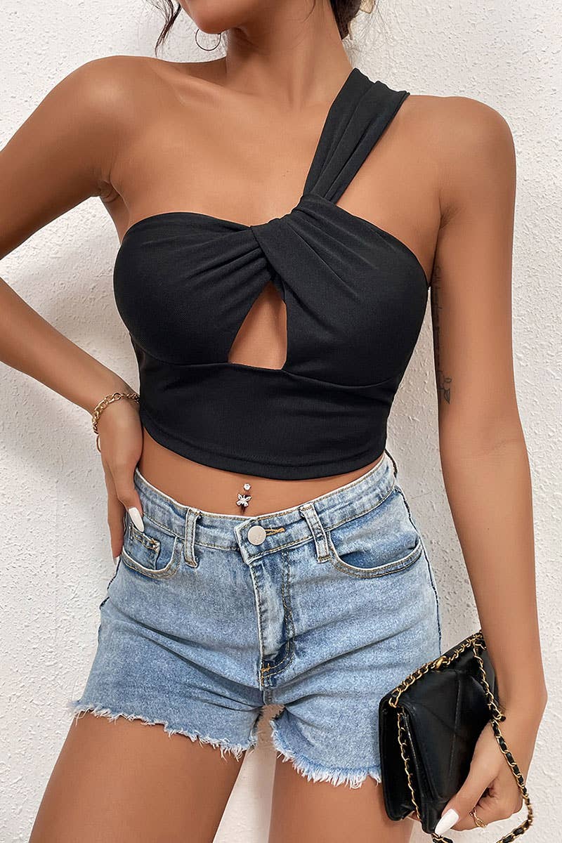 _BACKLESS SLANTED SHOULDERS CROSS SLING WAIST TOP