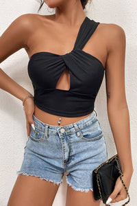 _BACKLESS SLANTED SHOULDERS CROSS SLING WAIST TOP