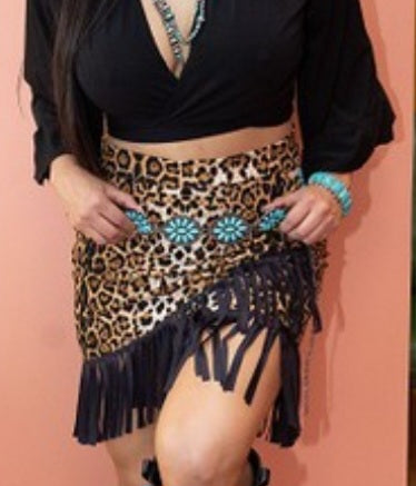 LEOPARD FRINGE SKIRT