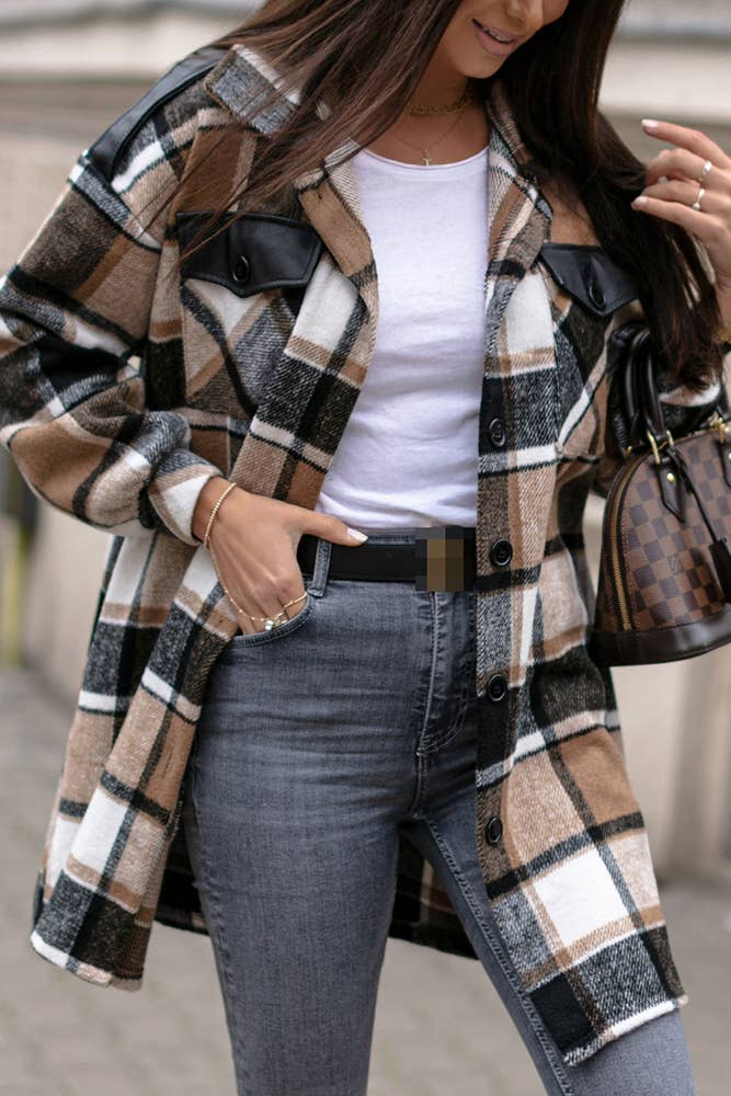 Brown Plaid Flannel Shacket Jacket Women