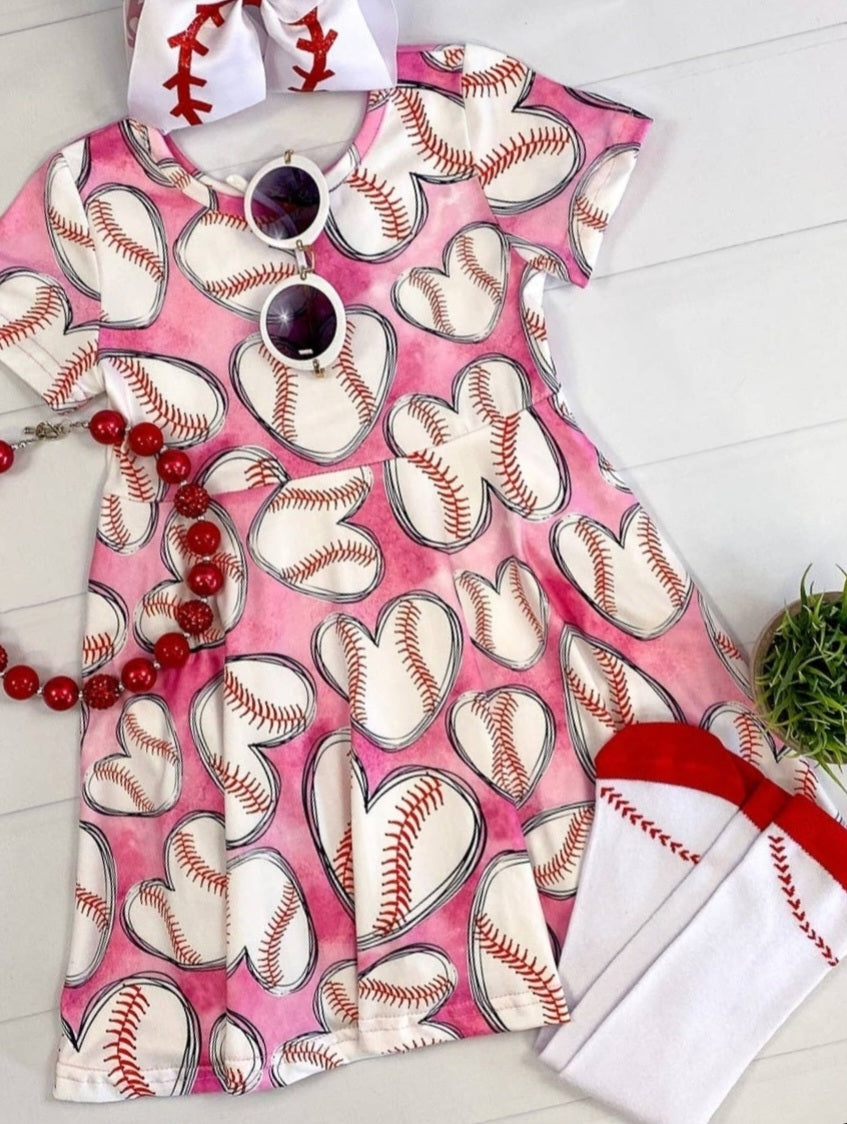 PINK BASEBALL HEART TWIRL DRESS